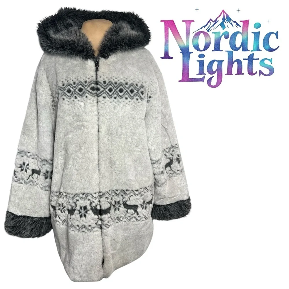 Nordic Lights gray heavyweight faux fur hooded coat deer snowflake motif size L - Picture 1 of 7